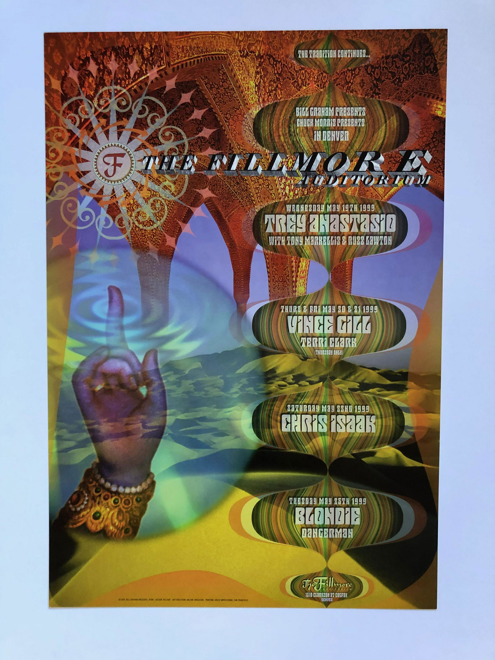 THE TRADITION CONTINUES - FILLMORE DENVER: BY REX RAY ! THE TRADITION CONTINUES - FILLMORE DENVER. Poster for May 1999 including Vince Gill, Chris Isaak, BLONDIE Trey Anastasio. Reserve: $30.00 Shipping: Domestic: Flat-rate of $12.69 to anywhe