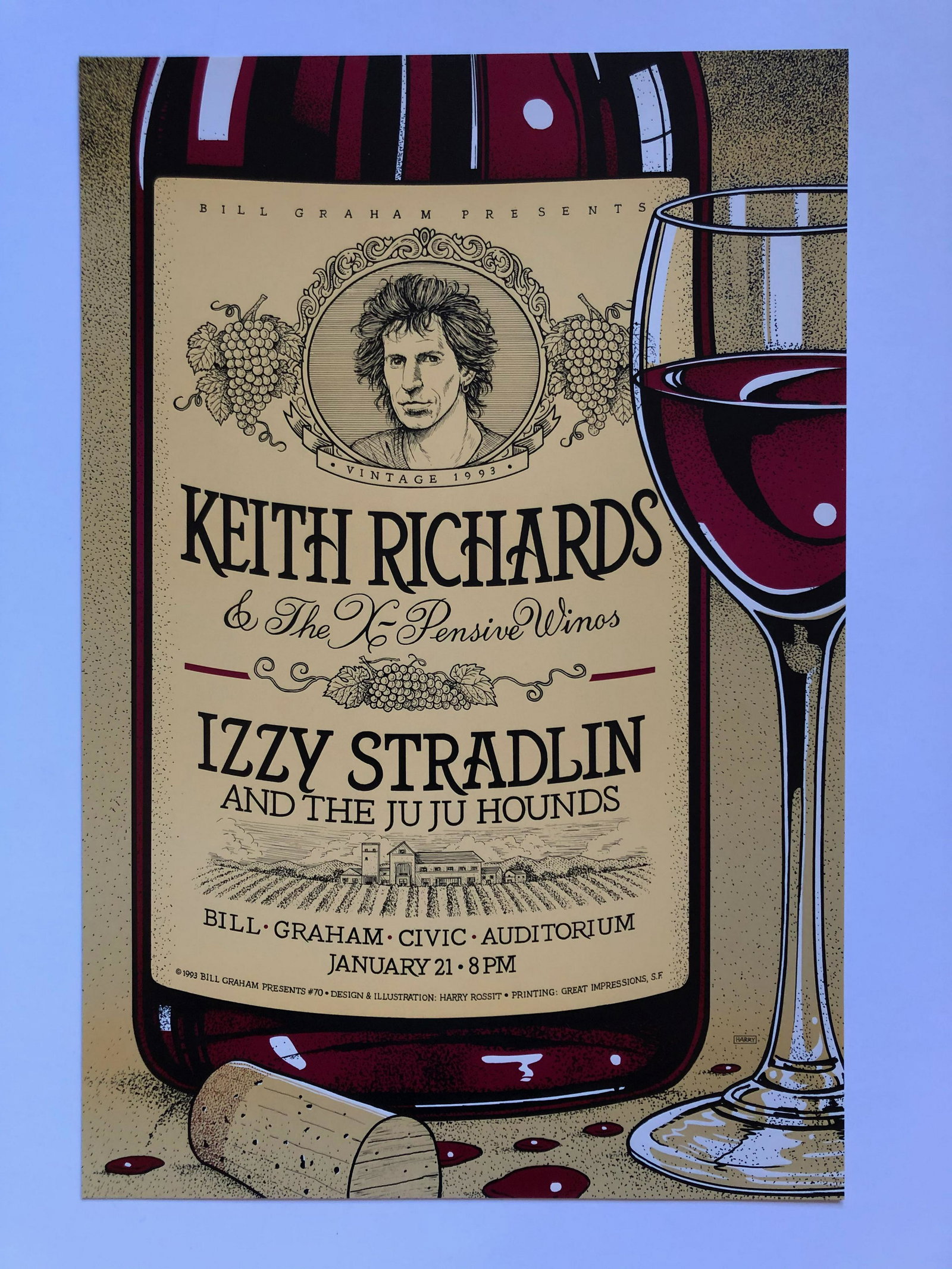 KEITH RICHARDS at CIVIC: KEITH RICHARDS at BILL GRAHAM CIVIC AUDITORIUM. 1993 art by Harry Rossit. Reserve: $20.00 Shipping: Domestic: Flat-rate of $12.69 to anywhere within the contiguous U.S. International: Foreign shipping