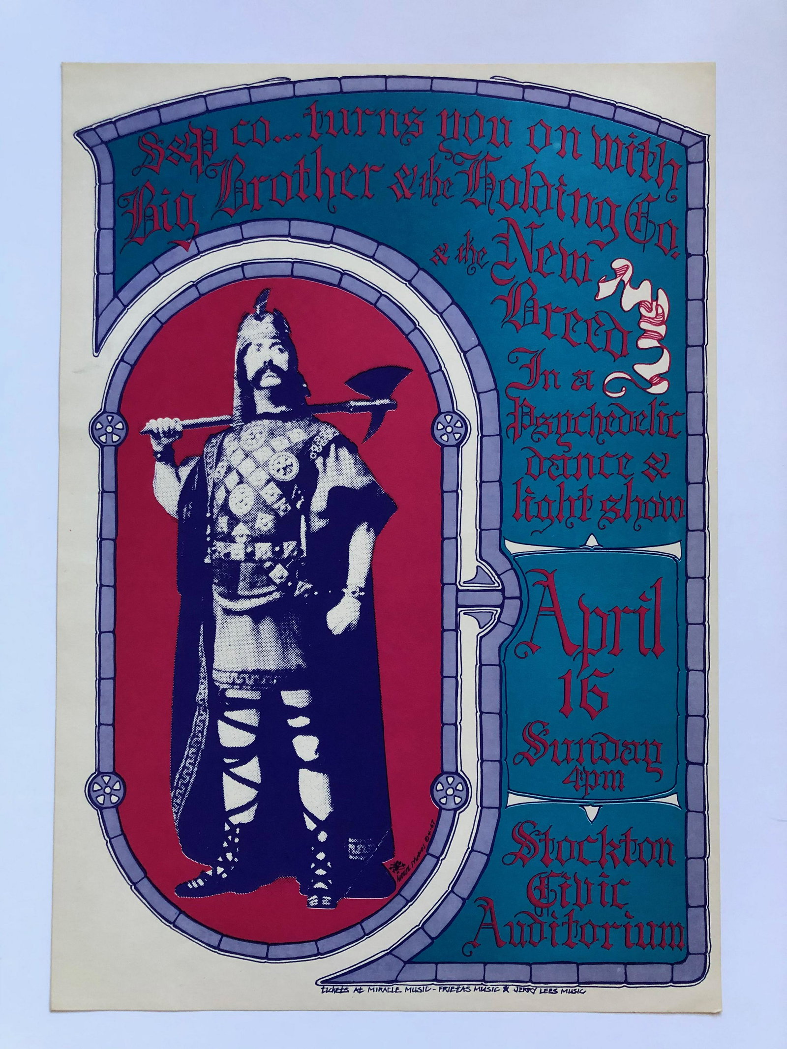 BIG BROTHER STOCKTON POSTER: BIG BROTHER - used to advertise a psychedelic dance and light show at the Stockton Civic Auditorium. The central design pictures a stern-looking warrior holding an axe over his shoulder. The design is