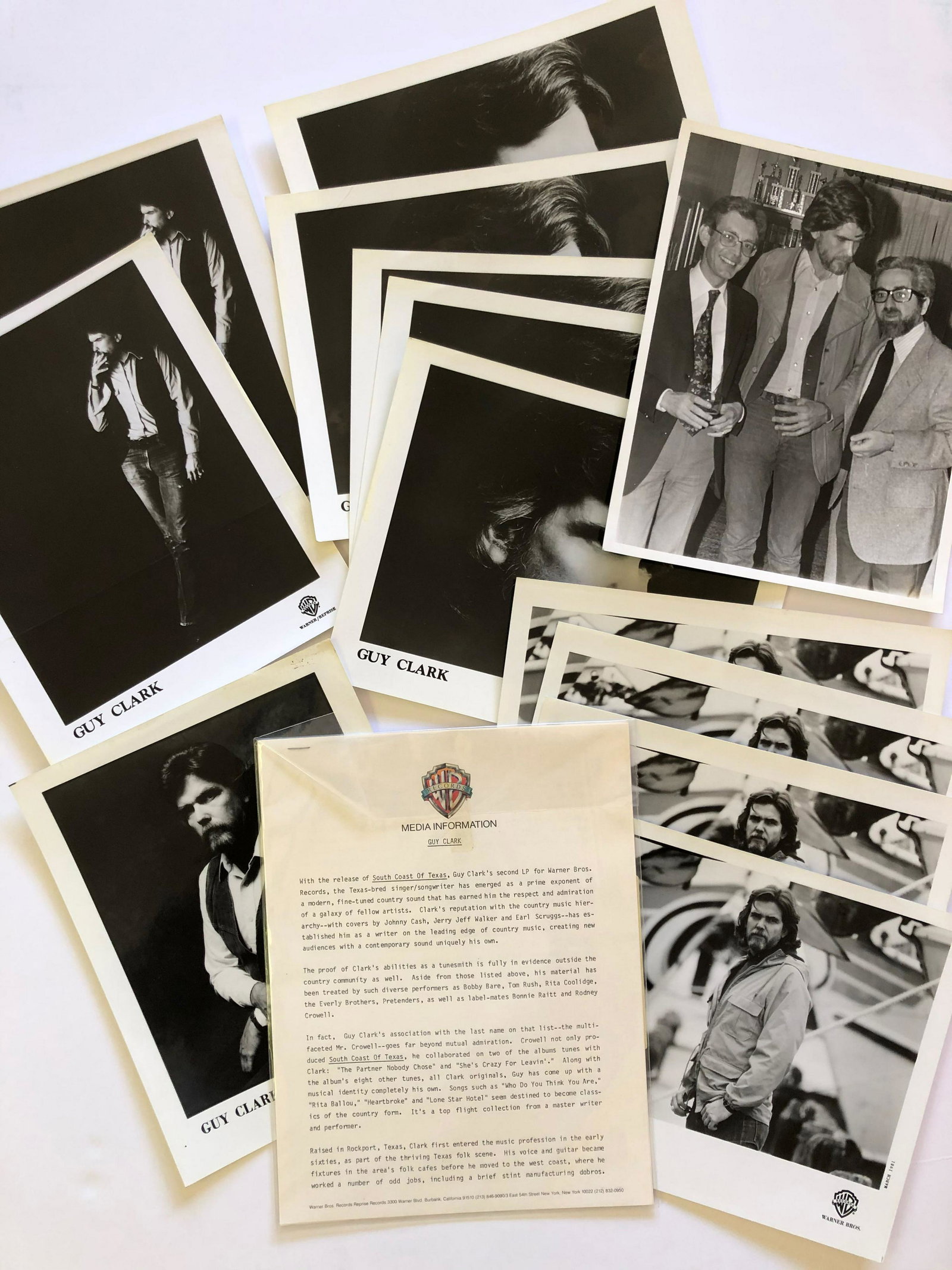 GUY CLARK PRESS KIT: RARE - GUY CLARK PRESS KIT with many different photos. Guy Charles Clark (November 6, 1941 – May 17, 2016) was an American folk singer, musician, songwriter, recording artist, performer and luthier.