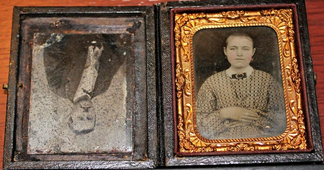 1870 AMBROTYPE/TINTYPE-PORTRAITS-IN CASE: Title: 1870 AMBROTYPE/TINTYPE-PORTRAITS-IN CASE Date/Period: CIRCA 1870 Origin: USA Dimension: 3 x 2 1/2 Medium: APPARENT AMBROTYPE PLUS TIN TYPE-DOUBLE PORTRAIT- IN CASE. (IMAGES LOCKED WITHIN CASE).