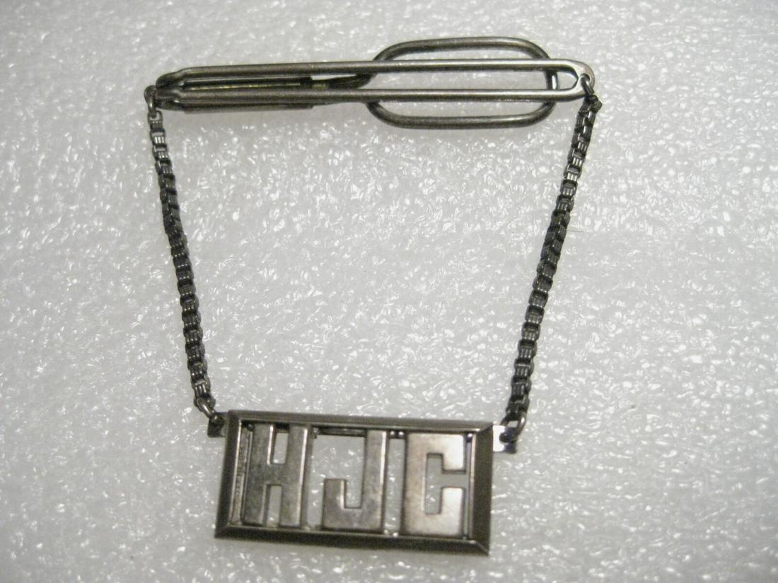 Truly Vintage Sterling Silver Swank Tie Bar with: Vintage - truly vintage - Swank signed tie bar with a hanging intricate box link chain and framed monogram HJC in block letters, weight is 11.71 grams. Nearly 2.5" long. Patent No. 1865995. It is stam