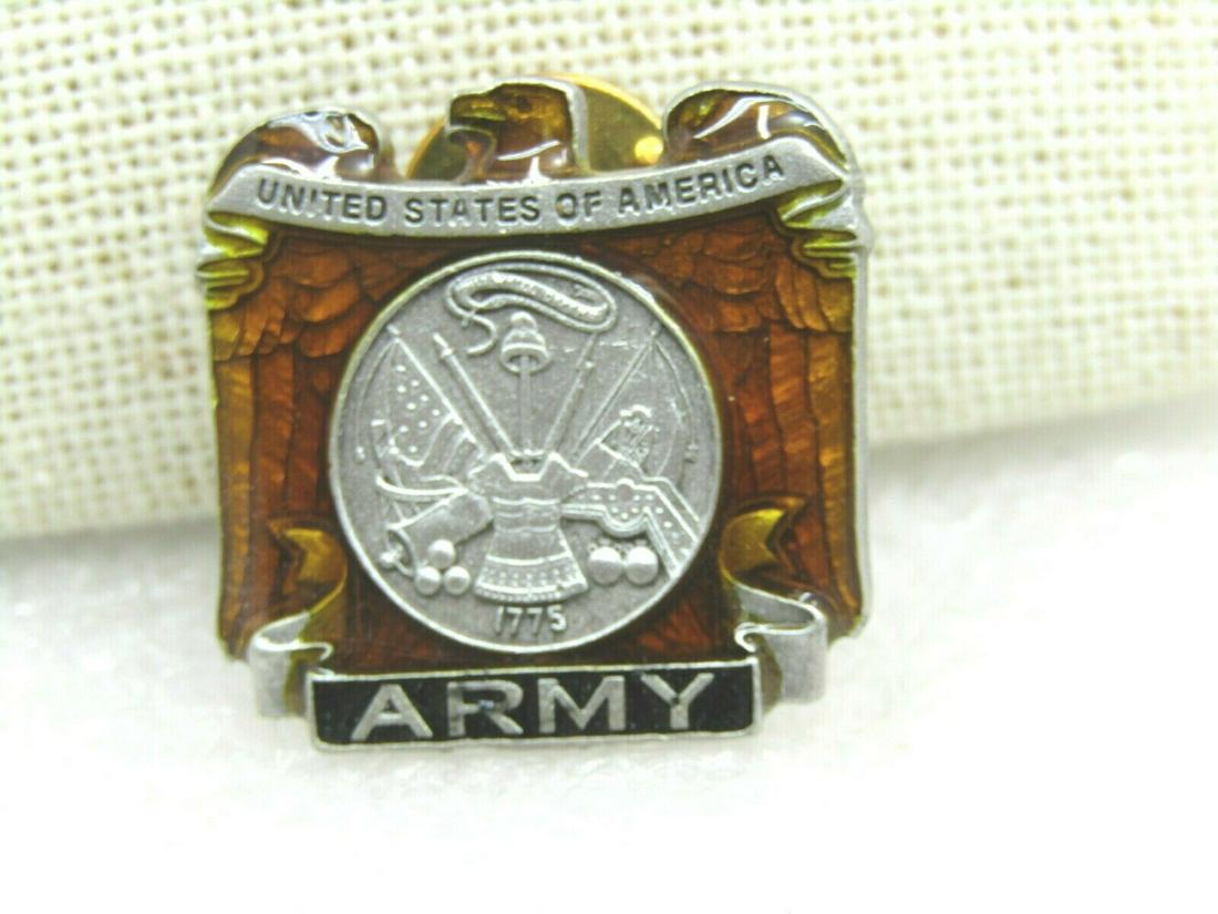 Vintage Enameled Eagle American Legion Pin, U.S. Army,: Vintage US Army American Legion Pin - this is a golden enameled eagle with a silver tone banner with United States of America at the tips of it's wings and then a circle that is silver tone in the bod