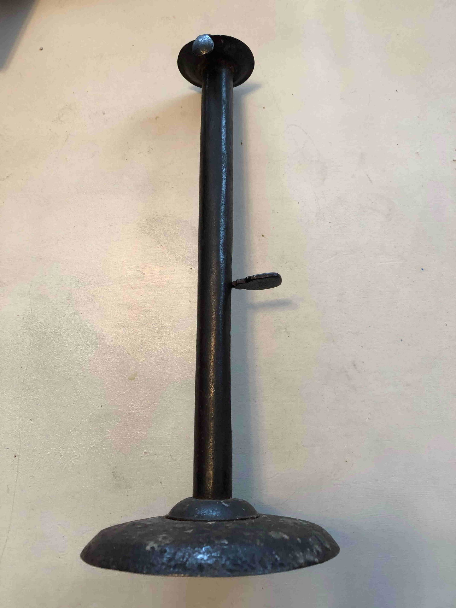 Tall early hog scraper candle stick: Title: Tall early hog scraper candle stick Provenance/Additional Info: 12" in great shape. Found in New Hampshire. Shipping: Domestic: Flat-rate of $25.00 to anywhere within the contiguous U.S. Inter