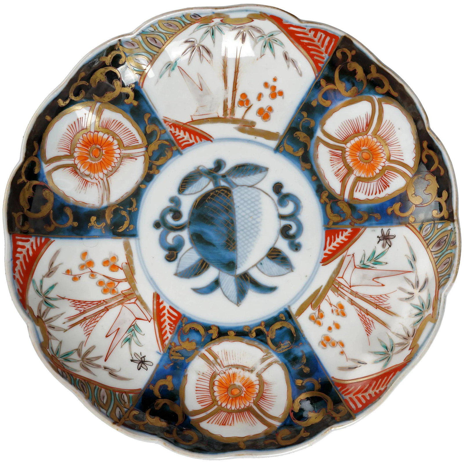 Japanese Meiji Period Imari 8 1/2" Plate with Peach: Title: Japanese Meiji Period Imari 8 1/2" Plate with Peach Size: 8 ½” (21.6 cm) diameter x 1 3/8” (3.5 cm) tall. Additional Information: A colorful, well painted, Japanese Imari plate with an aus
