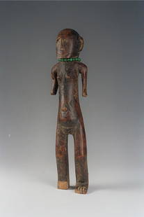 Sukuma Figure: Title: Sukuma FigureDate/Period: XXth centuryMaterials: Wood, glass beadsDimension: 15"Description: Female figure from the Sukuma of North-West Tanzania. On a custom made base. Provenance : Bernaerts