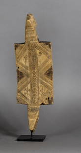 Jarawa Tray: Title: Jarawa TrayDate/Period: XXth centuryMaterials: WoodDimension: 16" 1/8Description: This tray is fully covered in fine pyrography, including crocodiles. It is being used for carrying objects on