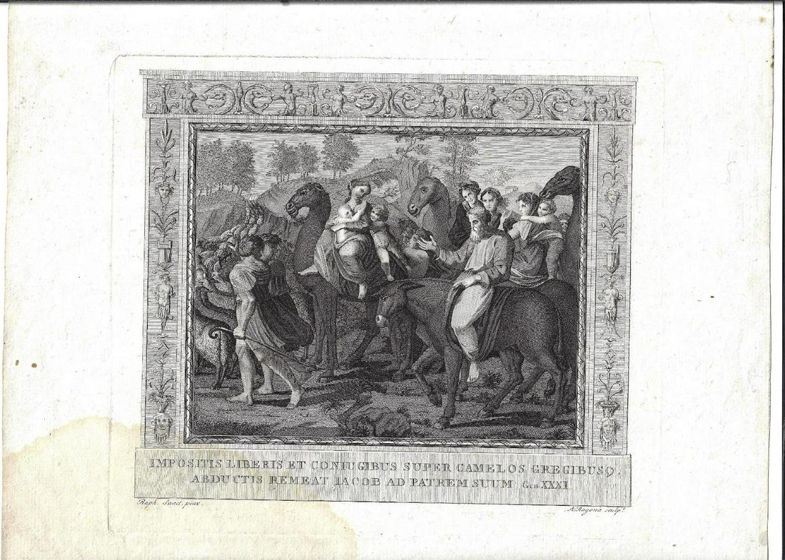 18th C Engraving After Raphael by Ragona: An engraving after Raphael by Ragona "Impositis Liberis Et Coniu GibusÂ…", 18th century. Very Good, mild discoloration lower left corner, measures 16 x 12.5". Reserve: $15.00 Shipping: Domestic: Fl