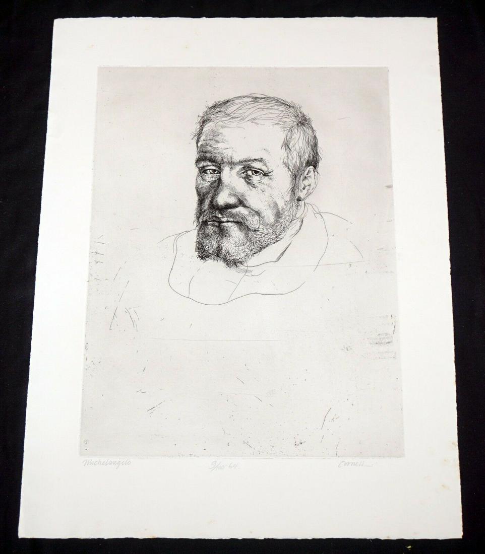 64 CA Etch Print Michelangelo Thomas Cornell: Up for sale from a recent estate of a well known collector here in Honolulu Hawaii, this 1964 California limited edition 9/100 large etching portrait print that is titled "Michelangelo" and depicts th
