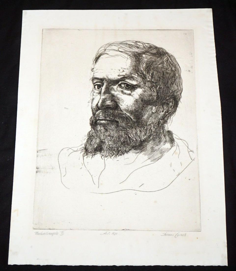 64 CA Etch Print Michelangelo III Thomas Cornell: Up for sale from a recent estate of a well known collector here in Honolulu Hawaii, this 1964 California limited edition A.P. (artist proof) large etching portrait print that is titled "Michelangelo I