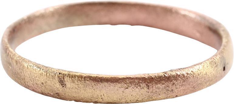 ANCIENT VIKING WEDDING RING C.850-1050 AD SIZE 8 1/4: Rounded band, 2.2mm. Surface lightly textured from burial. Professionally refurbished with the surface restored in 24karat gold. Fine example. Gift boxed with certificate of authenticity. Reserve: $90