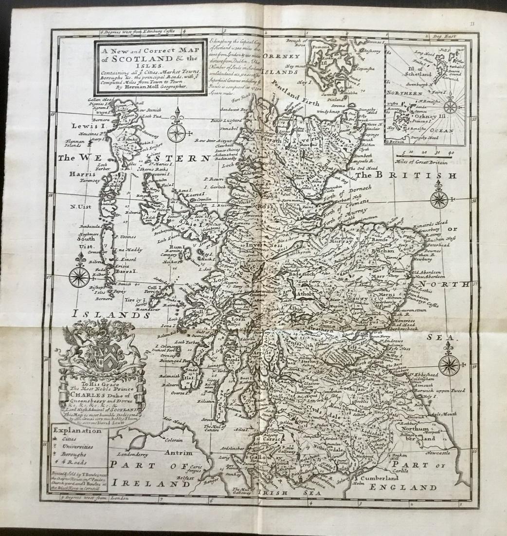 Scotland: Title: Scotland Date/Period: 1732/1736 Materials: Copper plate engraved Dimensions: 12 1/2 x 15 1/2Â” SCOTLAND c1732/1736 from the Atlas Minor by Herman Moll, London. With a dedication to Prince Ch