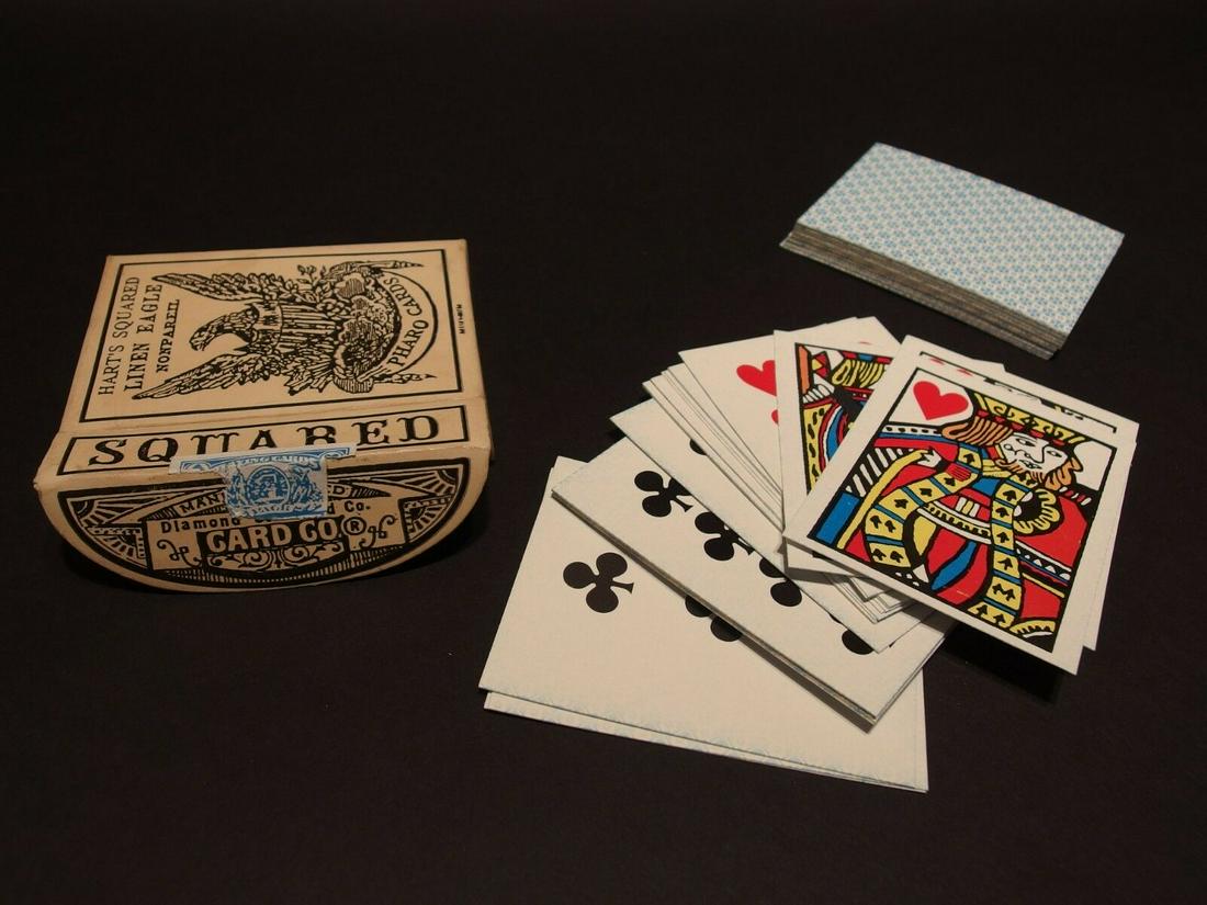 19th C Style Deck of Playing Cards: 3 1/2" x 2 5/8" Wonderful set of antique reproduction playing cards c.1870. As you can see these were made like the early versions with no numbers! The back side has a blue and white pattern as shown.