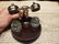 Brass Hardwood w 2 Clear Glass Inkwell bottles pots - 3
