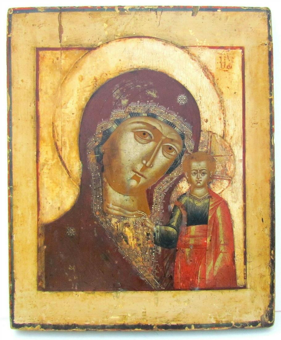 RUSSIAN ICON of KAZAN MOTHER OF GOD late 18th CENTURY: Hand painted with egg tempera. Gesso on wood panel. Size: 11 by 13 1/4". Authenticity guaranteed. Certificate of the Authenticity available upon request. Reserve: $800.00 Shipping: Domestic: Flat-rate