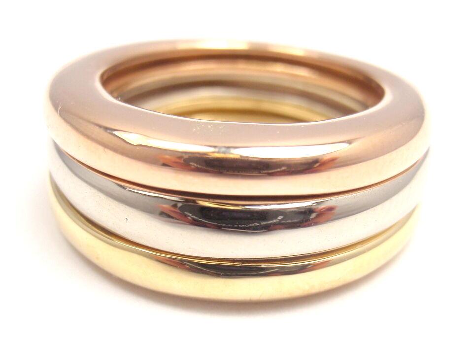 CARTIER 18K TRI-GOLD STACKING BAND RING, SIZE 48 US 4: CARTIER 18K TRI-GOLD STACKING BAND RING, SIZE 48 US 4 3/4 You are bidding on an CARTIER 18K TRI-GOLD STACKING BAND RING, SIZE 48 US 4 3/4 From the year, 1995. About Cartier: The company has a long and