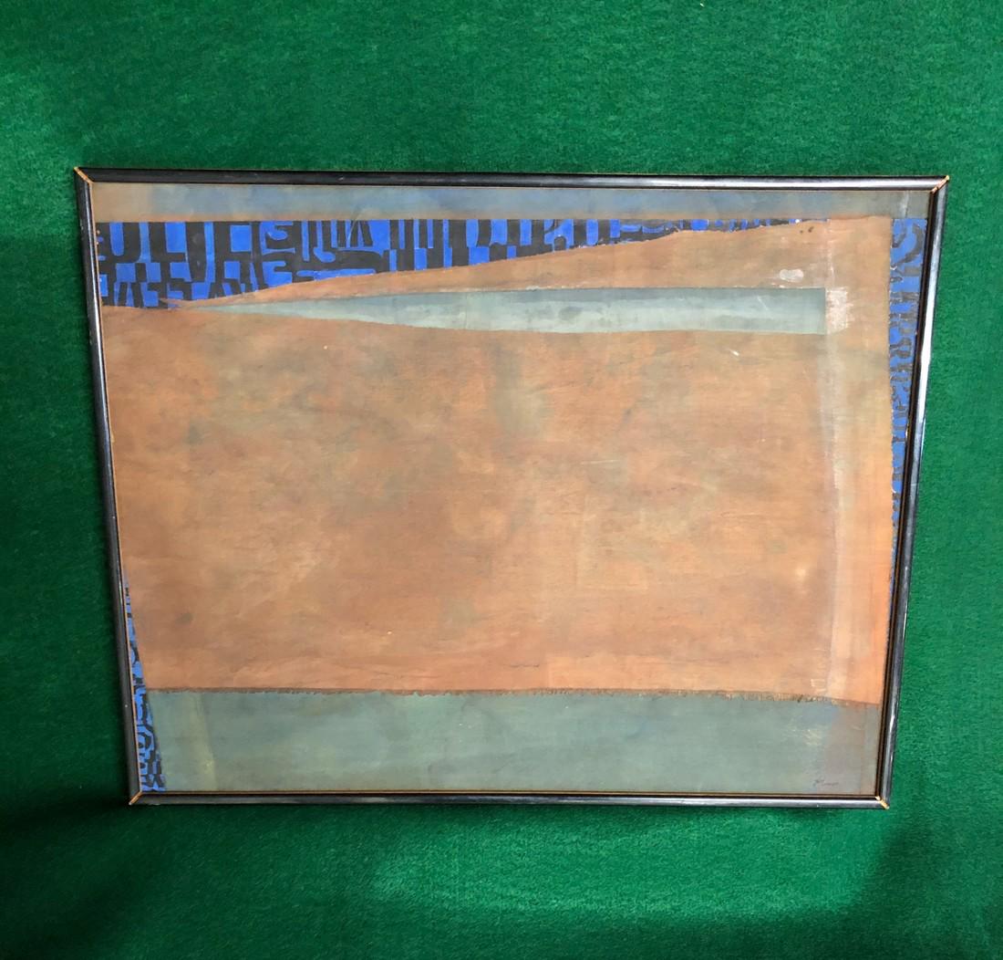 "PENSEE #1" Mid Century Modern Collage: No Reserve! Title: "PENSEE #1"Mid Century Modern Collage Date/Period: Mid-Century materials: Oil on Paper & Canvas Dimension: H 15 1/2"W 19 3/4" Additional Information: Signed Mid Century Modern Colla