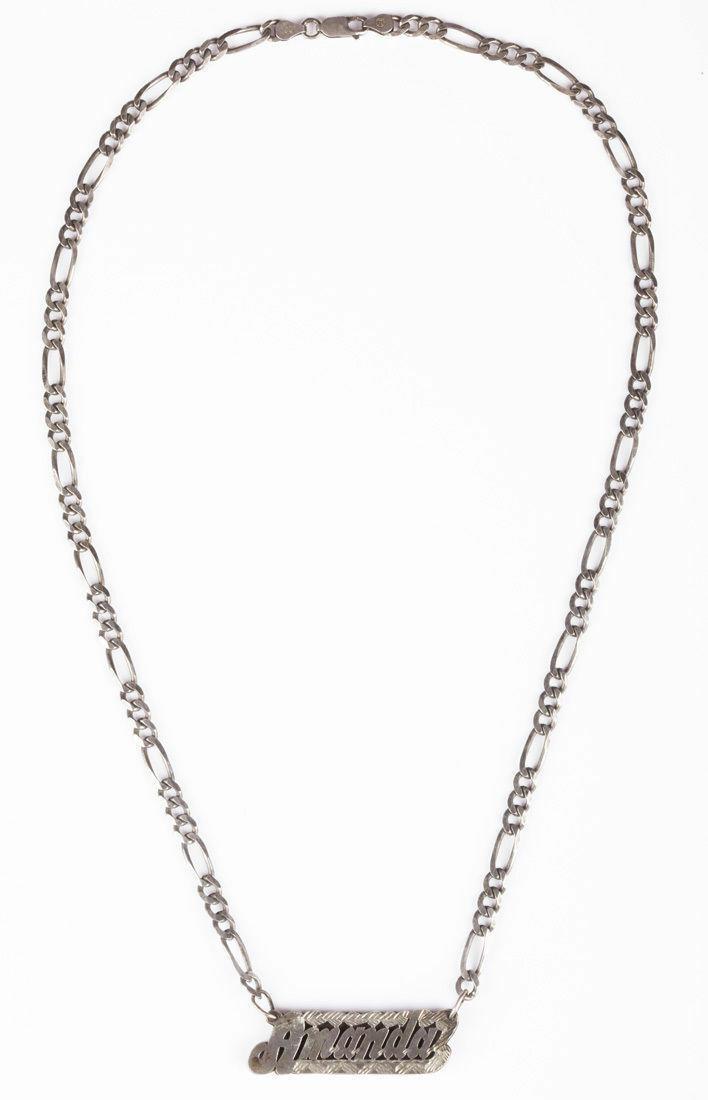 Custom Amanda Name Plate Necklace: Great Italian bone link necklace and Amanda name plate necklace…. Circa, 1980’s…. Necklace measures 25” long…. Name plate measures 2” by 5/8”…. Marked, “925, Italy” for sterling si