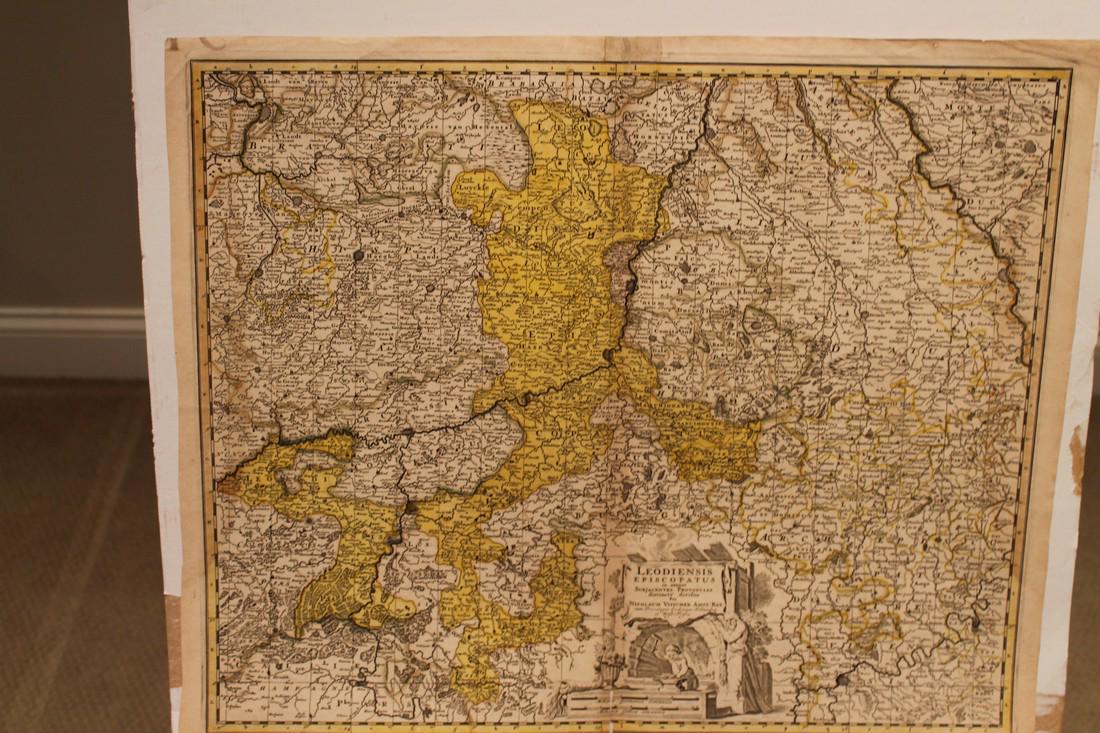 1640 Map of Liege: Title: 1640 Map of Liege Author: Vischer I Medium: Ink on Paper Dimensions: 23.5"X19" Map of Liege dated 1640. Engraved by Nicholas Visscher I in Amsterdam.Emphasis on church possesions. Hand colored.