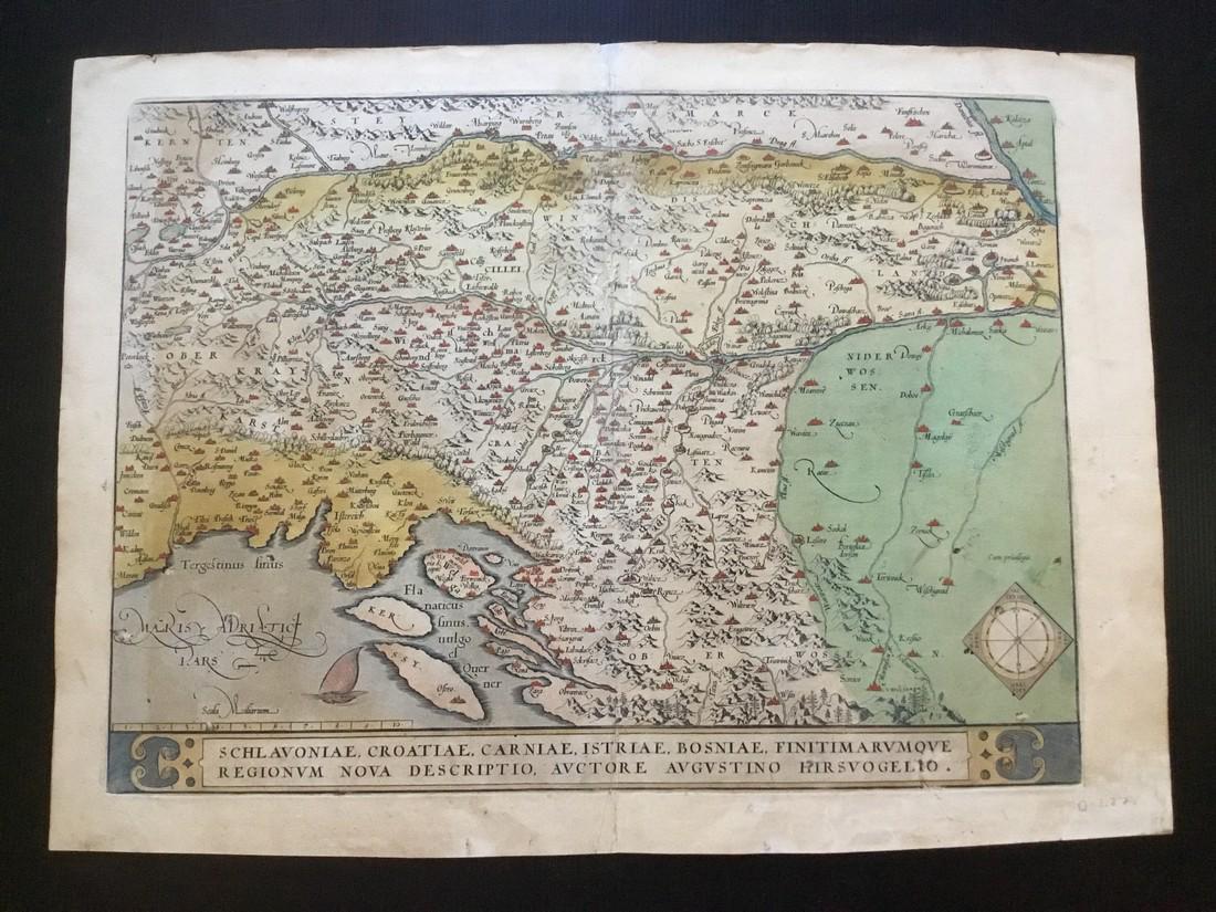 Croatia, Slovenia and Bosnia. By Orteliu: Title: Croatia, Slovenia and Bosnia. By Orteliu Date/Period: 1570-1612 Materials: Hand colored, copperplate engraved. Dimensions: 21 x 15 1/2”. From the THEATRUM ORBIS TERRARUM. The worlds first tru