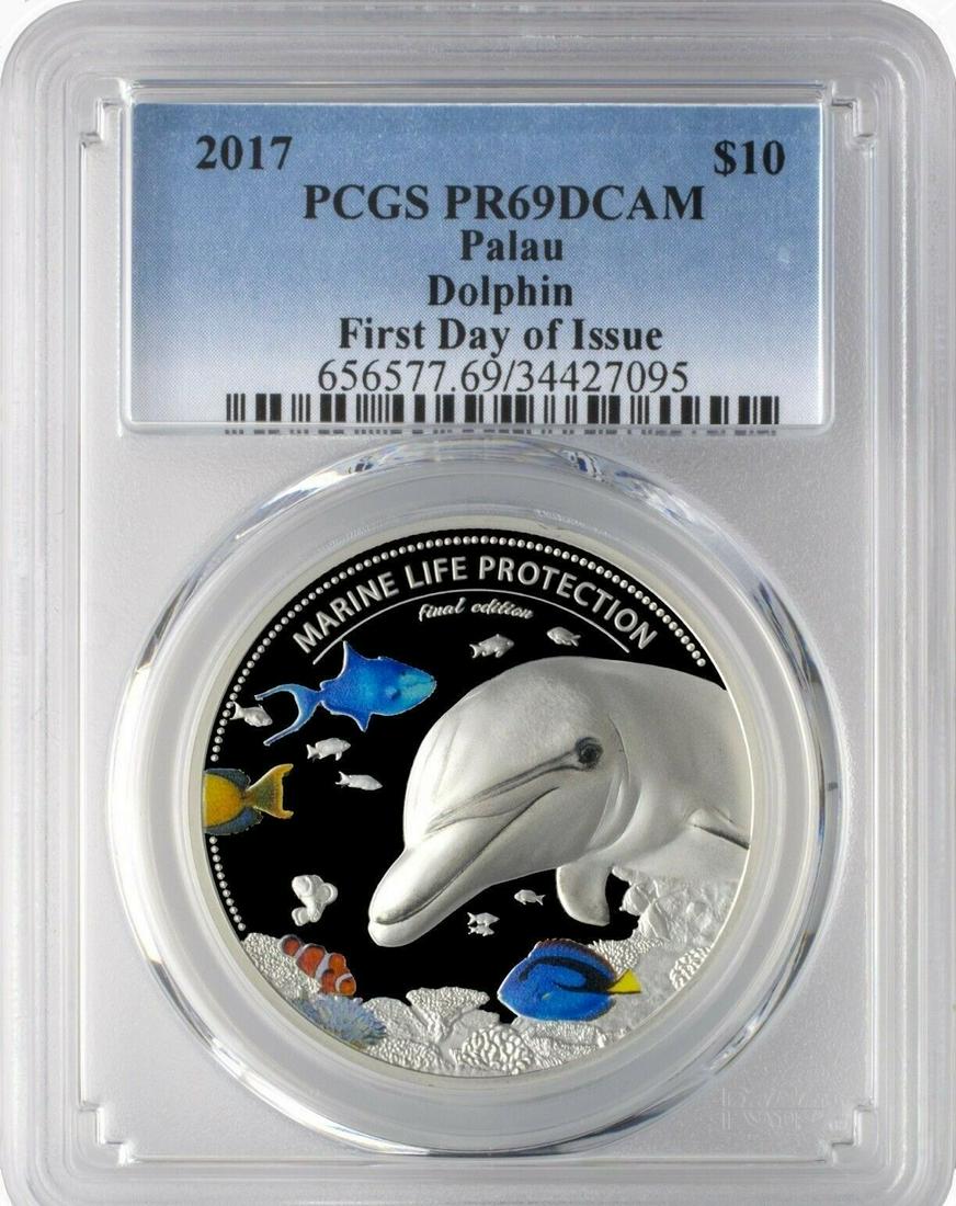 Rare 2017 Silver 2 OZ $10 Palau Dolphin Marine Life: Nice design.See picture. Certification: PCGS Composition: 99.9% silver Grade: PR69DCAM Weight: 2 ounce Reserve: $127.49 Shipping: Domestic: Flat-rate of $10.00 to anywhere within the contiguous U.S.