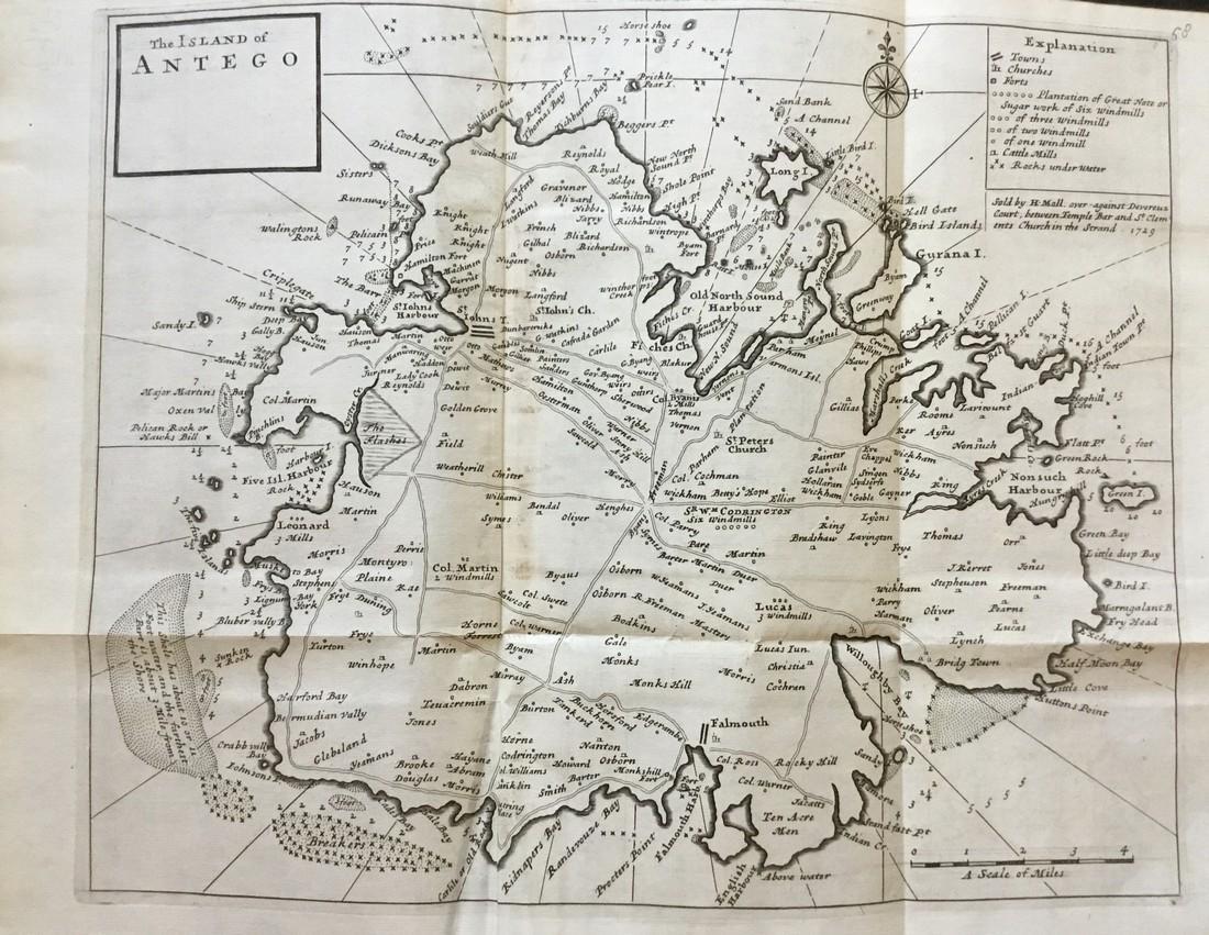 Antigua labeled Antego. RARE early map.: Title: Antigua labeled Antego. RARE early map. Description: c1732/1736 from the Atlas Minor by Herman Moll, London. VERY IMPORTANT early map of the island. Showing all the settlements and plantations.