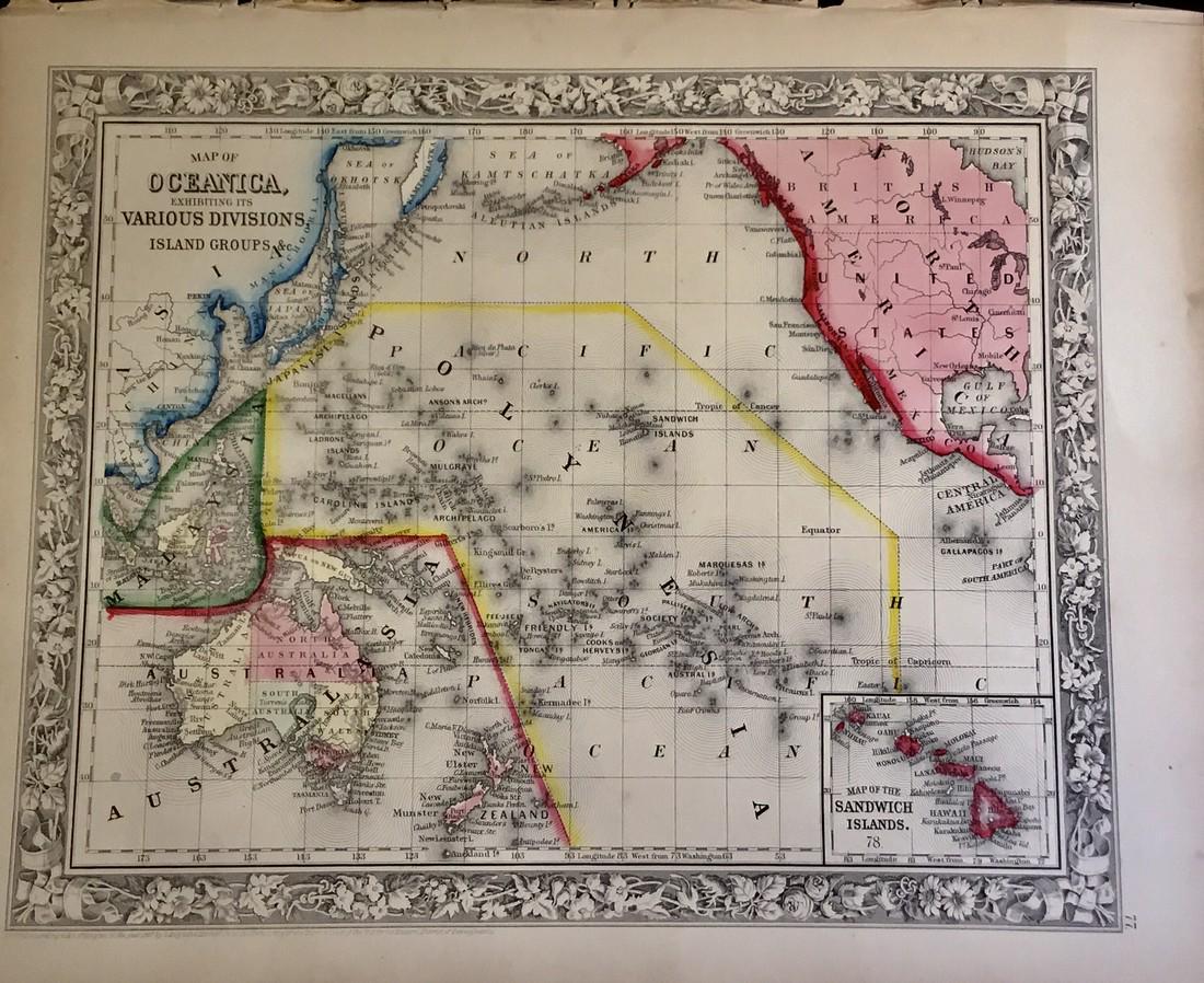 Polynesia: Title: Polynesia Description: By Augustus S. Mitchell. Hand colored engraved map. From ‘the New General Atlas’. Published in Philadelphia. Date/ Period: 1862 Materials: Hand colored engraved map. 