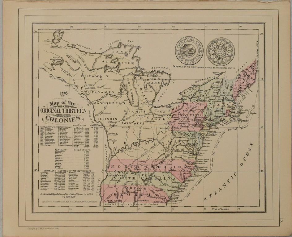 1884 Mitchell Map of Original 13 US Colonies -- 1776 -: Title: 1884 Mitchell Map of Original 13 US Colonies -- 1776 - Map of the Thirteen Original Colonies Cartographer: S Mitchell Year/Place: 1884, Philadelphia Dimensions: 11.5 X 13.5 in. Descriptions: Th