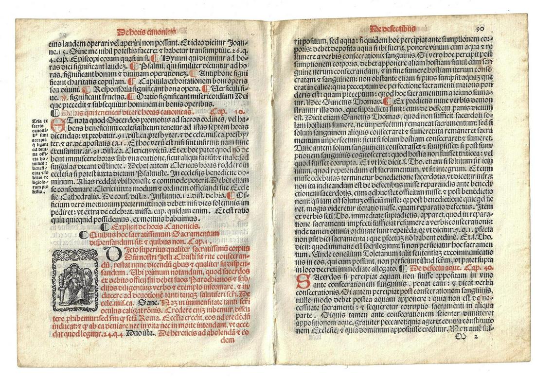 1567 Two Fine Catholic Prayer Leaves: A Catholic prayer bifolium of two leaves In red and black with small woodcut engraving, printed at Venice in 1567 from “Sacerdotal ad Consuetudinem Sacro Sancte..”. In red and black. Fine. Measure