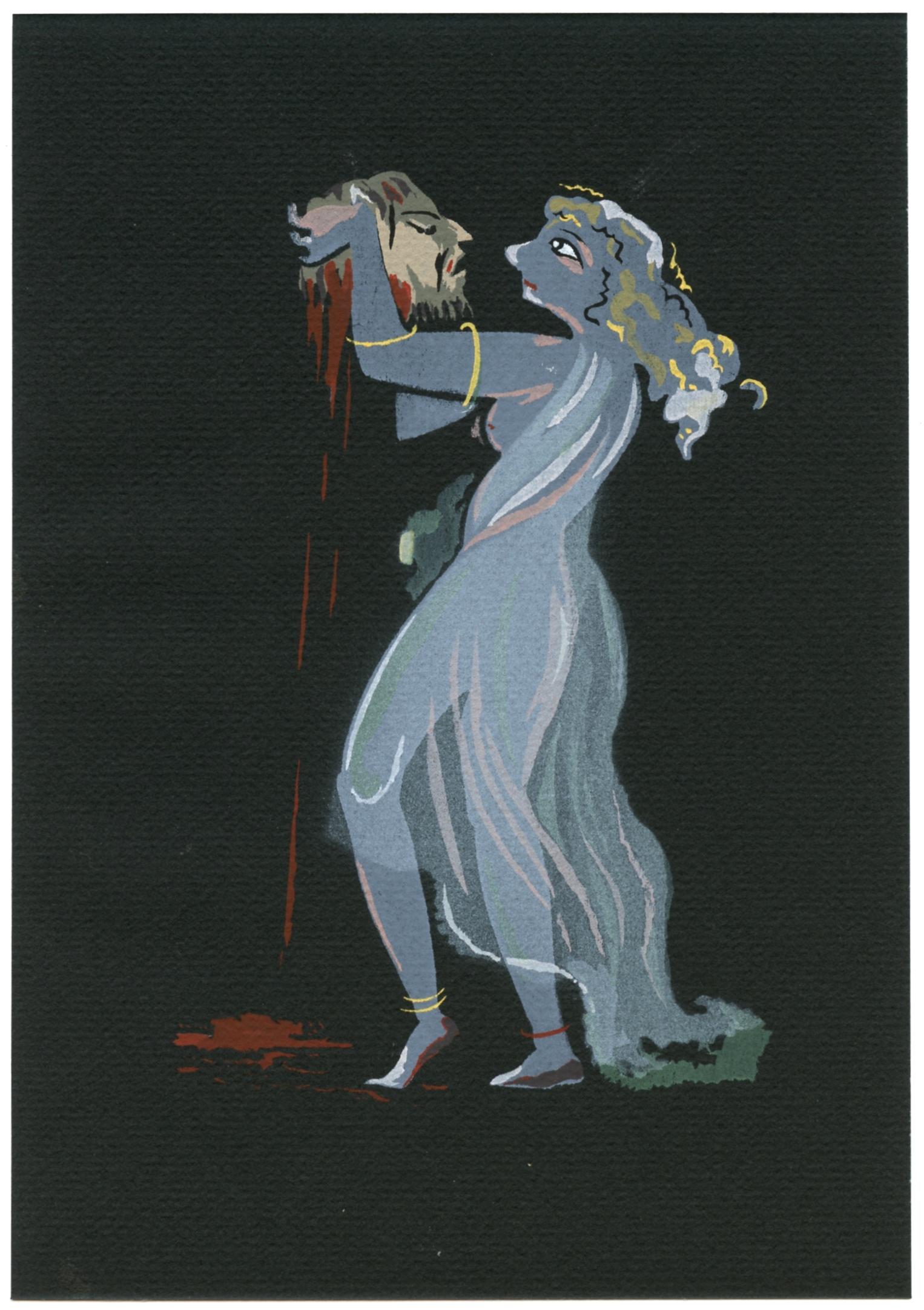 Andre Derain pochoir "Salome": Medium: pochoir (after the gouache). This magnificent pochoir shows Salome with the head of John the Baptist, from Oscar Wilde's "Salomé". It was printed in 1955 by l'Imprimerie Nationale de Monaco a