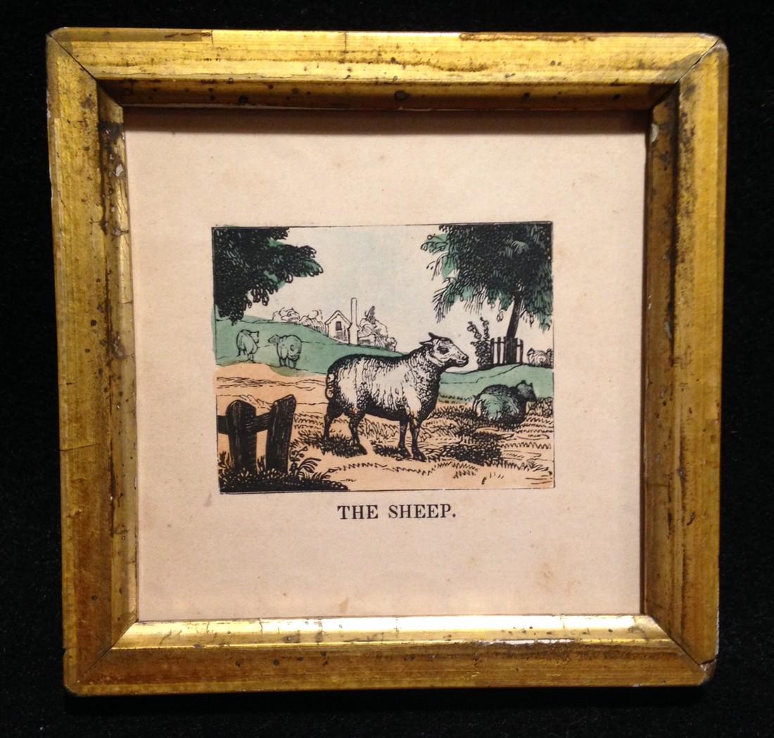 C1840 hand colored sheep woodcut: Title: C1840 hand colored sheep woodcut Dimensions: Total framed size is approximately 4 3/4" x 4 3/4". Provenance/Additional Info: In a 19thc worn gold leaf frame Shipping: Domestic: Flat-rate of $10