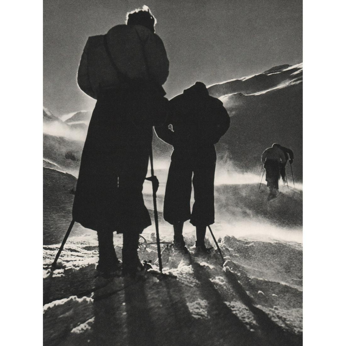 KARL MACHATSCHEK - Skiers: Artist: KARL MACHATSCHEK Print Title: Skiers Medium: Sheet-fed Gravure Printing Date: 1930's Printed in France Image Size approx: 11.5 X 9 inches Karl Machatschek (1906-1994) was born in Teschen. His 
