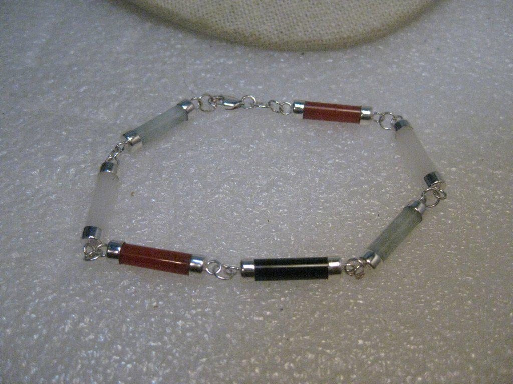 Sterling Silver Hardstone Barrel Bracelet, 7.5", 3mm: Sterling Silver Asian Themed Bracelet - hardstone tube beads - onyx, pale jade, carnelian and quartz 3mm thick by 18mm long - capped in sterling silver with silver links connecting them. This is marke
