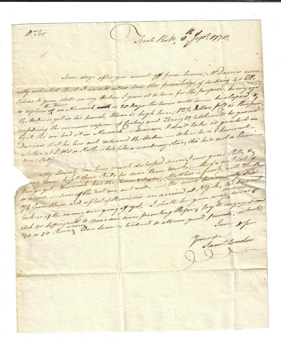1777 Revolutionary War Letter Fish Kill NY: Samuel Landen 1p ALS from Fishkill, New York dated September 6, 1777 and addressed to Dudley Woodbridge of Norwich, Connecticut. With interesting business content relating to the high cost of flour; a