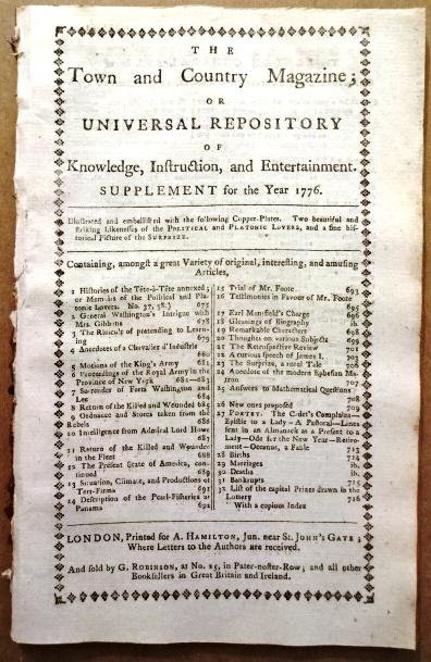 1776 Magazine Revolutionary War New York: The Supplement for the Year 1776 of "Town and Country Magazine or Univrsal Repository", printed at London for A. Hamilton. 44 pages and Index for the year. One engraving (one lacking). This issue with