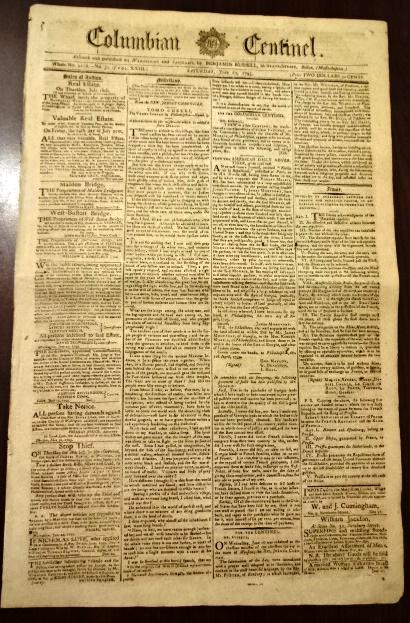 1795 Boston Newspaper Tomo Cheeki: The June 27, 1795 issue of the Columbian Centinel printed at Boston by Benjamin Russell, four pages complete. Front page essay by "Tomo Cheeki", of the Creek Indian Tribe including of a dream. Much ot