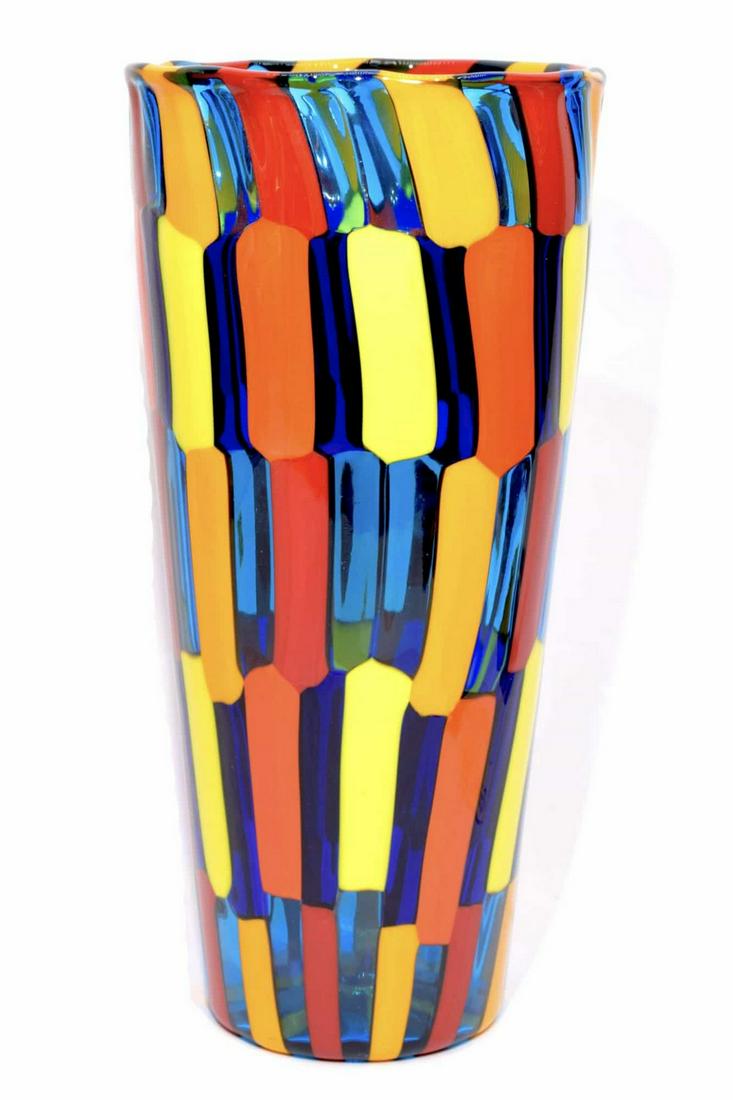 Murano glass vase pezzato: Title: Murano glass vase pezzato Maker: Angelo Ballarin Origin: Murano Date/Period: 2018 Materials:glass Size:24,5 x 11,5 cm 650 grams Description:Glass vase pezzato, made by glass master Ballarin. It