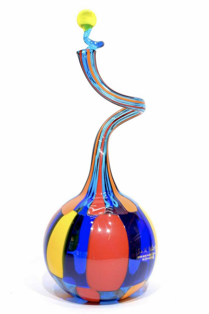 Murano glass Bottle pezzato: Title: Murano glass Bottle pezzato Maker: Angelo Ballarin Origin: Murano Date/Period: 2020 Materials:glass Size:26 x 11 cm 150 grams Description:Glass bottle pezzata, made by glass master Ballarin. It