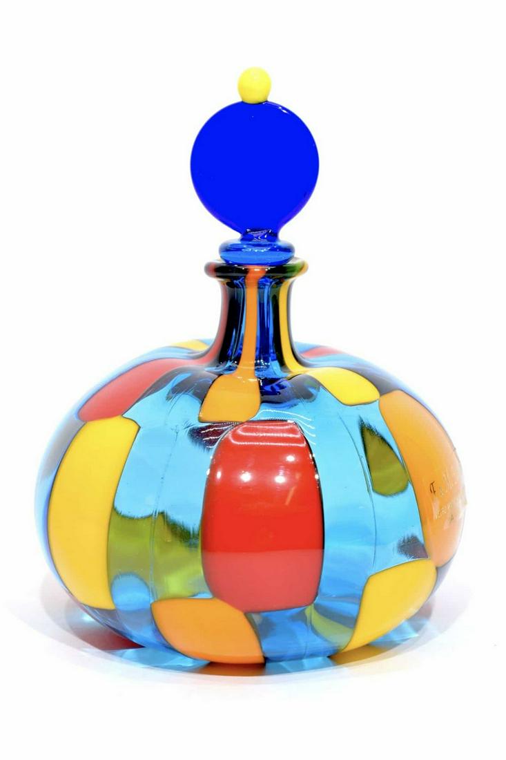 Murano glass Bottle pezzato: Title: Murano glass Bottle pezzato Maker: Angelo Ballarin Origin: Murano Date/Period: 2020 Materials:glass Size:14 x 10 cm 120 grams Description:Glass bottle pezzata, made by glass master Ballarin. It