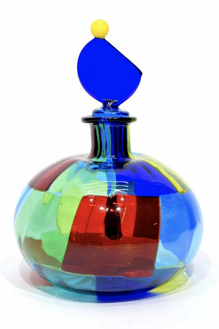 Murano glass Bottle pezzato: Title: Murano glass Bottle pezzato Maker: Angelo Ballarin Origin: Murano Date/Period: 2020 Materials:glass Size:15 x 10 cm 150 grams Description:Glass bottle pezzata, made by glass master Ballarin. It