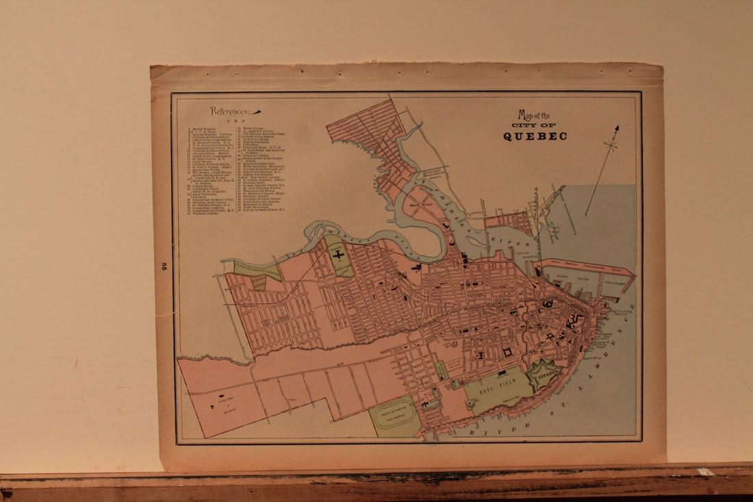 1887 Map of Quebec city: Title: 1887 Map of Quebec city Author: Watson Medium: Ink on Paper Dimensions: 14.5"X11.5" Description: Map of Quebec city dated 1887. Part of Watson's Standard Atlas of the World. Map key located upp