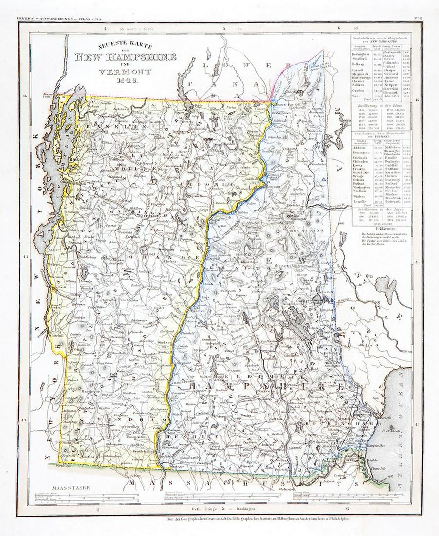 New Hampshire & Vermont, 1849: Title/Content of Map: New Hampshire & Vermont, 1849 Date Printed: 1849/1857, Hildburghausen Cartographer: Meyer/Bibliographisches Instituts. Size: 11 3/4" x 14 3/4" The beautifully detailed and colore