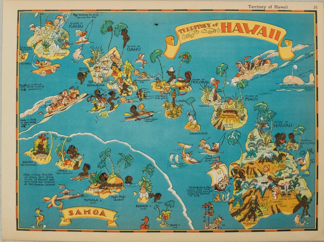 1938 R Taylor White Pictorial Map of Hawaii and Samoa: Title: 1938 R Taylor White Pictorial Map of Hawaii and Samoa -- Territory of Hawaii [with] Samoa Cartographer: Ruth Taylor White Year/Place: 1938, Boston Size: 11.6 x 8.5 in. Description: This is Ruth