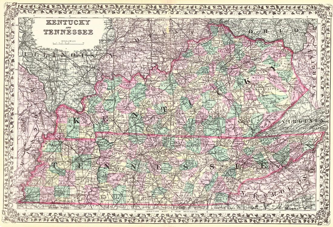 Kentucky and Tennessee: Title/Content of Map: Kentucky and Tennessee Cartographer: S. Augustus Mitchell, Jr. Date: c1876 Publisher: S. Augustus Mitchell, Jr. Size: 15.3Height - 22.3Width Map from the large Centennial atlas. 
