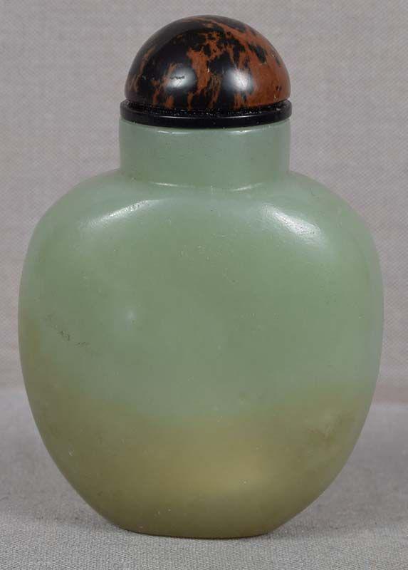 19c Chinese jade SNUFF BOTTLE: 19th century Chinese celadon jade snuff bottle of classic elegant shape, very well carved and hollowed. Beautiful matte surface, excellent quality stone, wonderful feel of age. Newer brown jasper stop