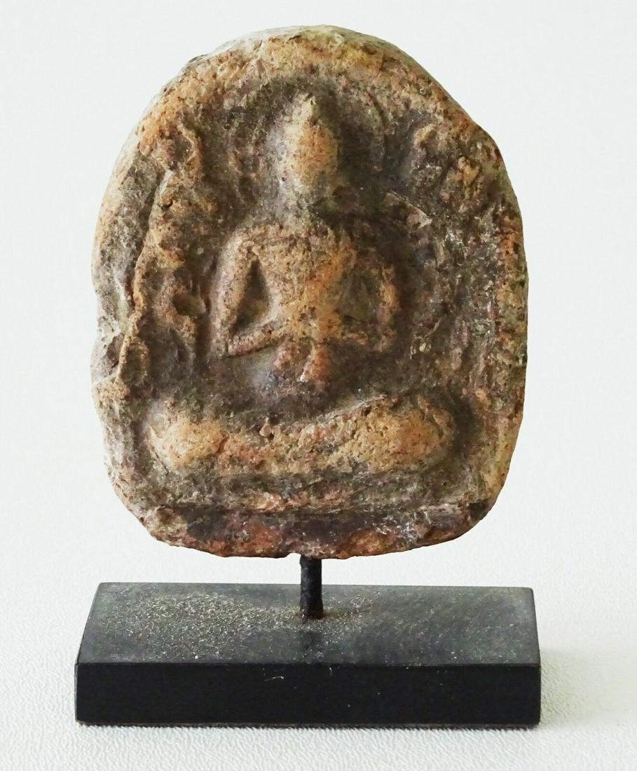 11C-12C Burmese Bagan Buddha Clay Plaque Stand: Up for sale from a recent collector in Honolulu Hawaii this 10th to 11th century burmese Bagan seated Buddha motif impressed clay plaque that was mounted on a a stand. The condition is described above