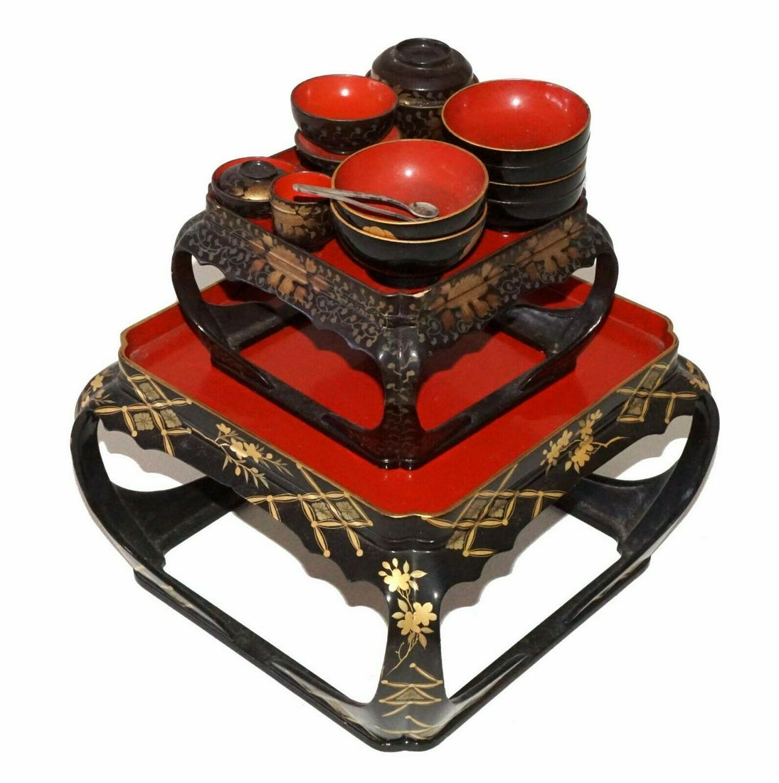 20C Japan Lacquer Girls Day Set Tray Dish Silver Spoon: Up for sale from a recent estate in Honolulu Hawaii, this 14x piece Vintage Japanese black lacquer and gold gilt girls day tray and miniature bowl set with two 950 Silver spoons. The condition is desc