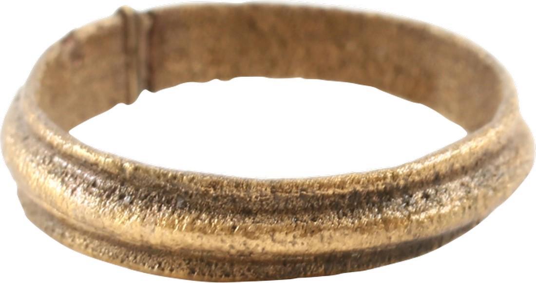 VIKING WEDDING RING, 9th-10th CENTURY Size 5 1/2: Gilt bronze, size 5 ½ for the small finger as was the custom. 3.9mm width with raised edges and a raised rounded medial. Professionally refurbished with the 24karat gold surface restored. Gift boxed 