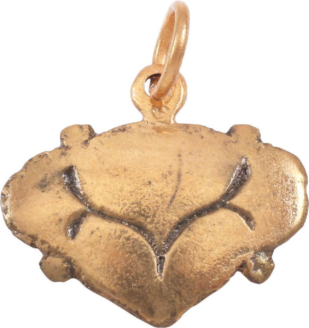 ANCIENT VIKING HEART PENDANT 866-1067 AD JEWELRY: Gilt bronze. Over 7/8” width. Iconic heart form with foliate motif. Foliate designs were favored by Vikings and incorporated into about half of heart pendants. The heart stood for bravery, fortitude