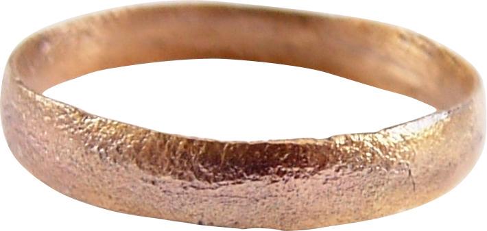 VIKING WOMAN’S WEDDING RING 10TH-11TH CENT AD SZ 4 ¾: Rounded face band, 2.9mm lightly textured from burial. Size 4 ¾ for the small finger as was the custom in some regions. Professionally refurbished with the 24k gold surface restored. Reserve: $55.00 